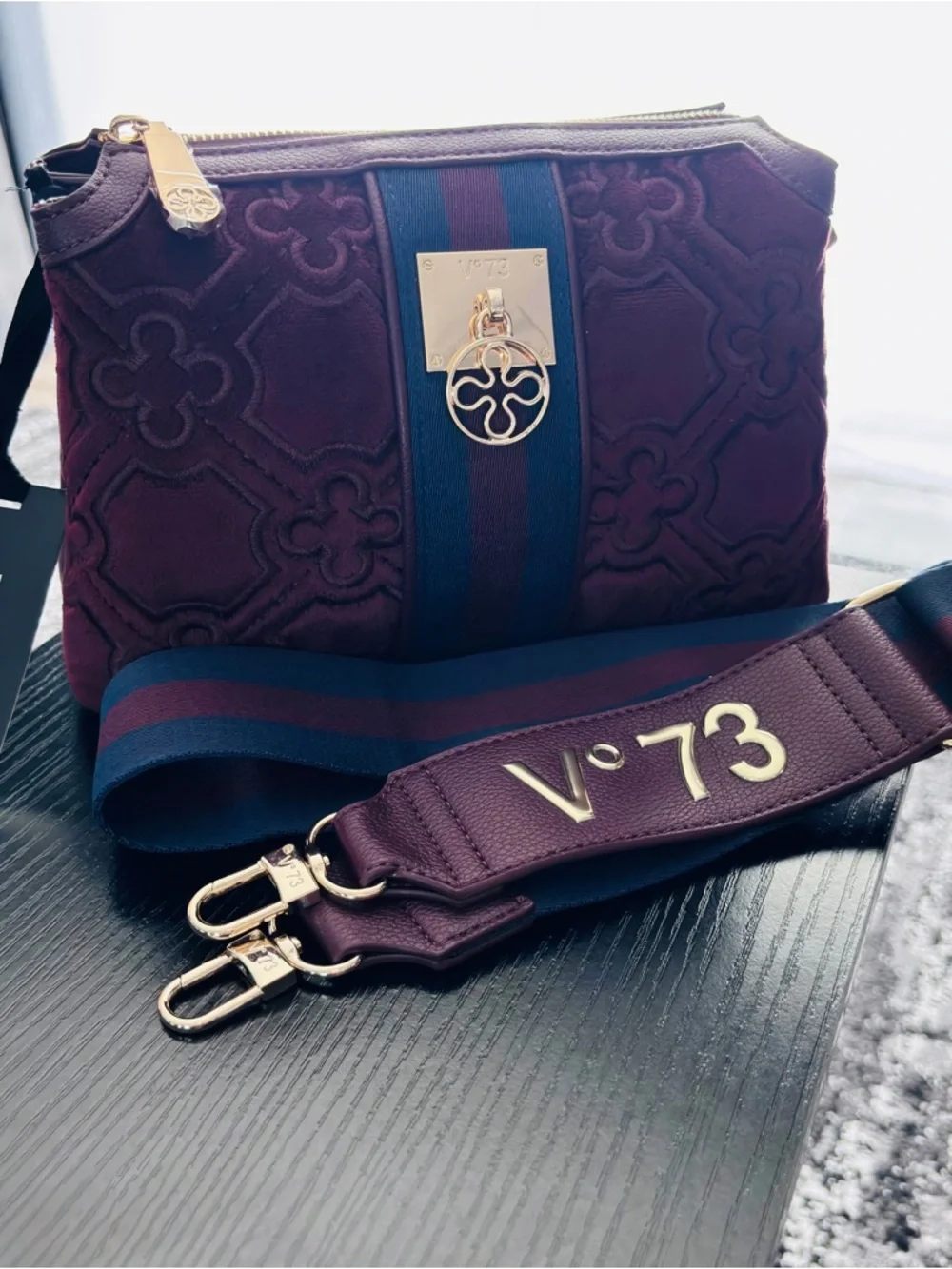 V°73 Italy Burgundy Velvet Crossbody Bag Wide Logo Strap NWT - Picture 1 of 16